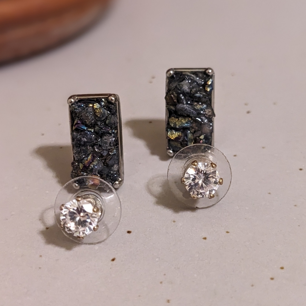 2 pairs diamond earrings faux silver toned hypoallergenic earrings